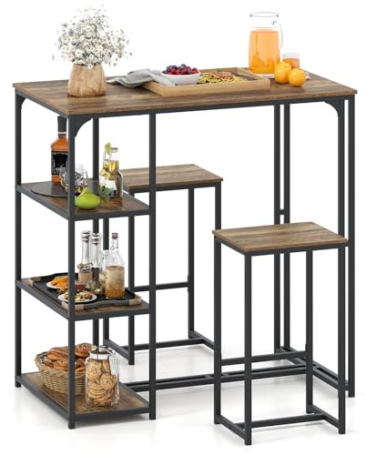 GIANTEX Tavolo da bar con sgabello da bar, tavolo da bar con 3 ripiani, bancone da cucina con 2 sgabelli, set da pranzo per 2 persone, tavolo da cucina industriale, gruppo da pranzo con telaio in