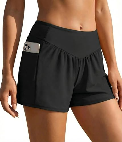 Ekouaer Badshorts för damer, hög midja, simbrädor, magkontroll, badkläder strandshorts med fickor, foder, S-2XL