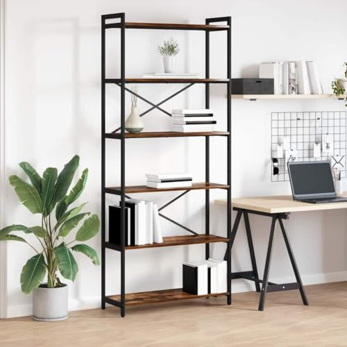 mtlskopl Libreria industriale 5 Tier 80 x 30 x 190 cm Smoked Oak Engineered Wood & Black Steel Frame Scaffale con gradini Design per Living Room Home Office Camera da letto