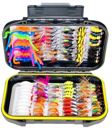 Qitewwrme 40/48/54/114pcs Fly Fishing Flies Kit Fly Assortment with Dry/Wet Flies,Nymphs,Streamers,Popper Midges,Moth,Worms Trout Bass Fishing Fly Lure/Bait (114Pcs/Box(16 Mixed Styles))