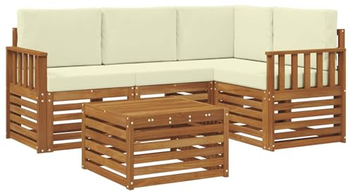 Mhdvray Juego de 5 sofás de exterior con cojines de madera de acacia maciza, salón de jardín modular con mesa y grupo de asientos de esquina para jardín, terraza y balcón, color crema
