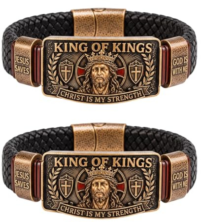 Pulsera de fe del rey de reyes – Pulsera cristiana ajustable, brazalete de cruz de Jesús salva con cruz, joyería religiosa inspiradora para marido, papá, hijo, Cristo es mi fuerza, One Size, Metal