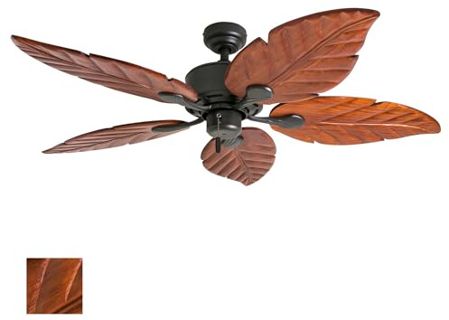 Honeywell Ceiling Fans Willow View, 52 Inch Tropical Indoor Ceiling Fan with No Light, Pull Chain, Three Mounting Options, Hand Carved Wooden Leaf Blades - 50501-01 (Bronze)