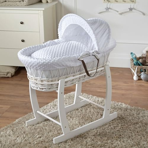 For Your Little One White Dimple White Wicker Moses Basket with White Rocking Stand