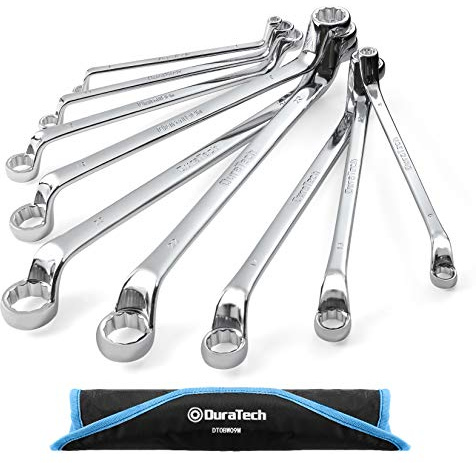 DURATECH Offset Box Wrench Set, Metric, 9-Piece, 6-23mm, 75-Degree, CR-V Steel, Organized in Rolling Pouch
