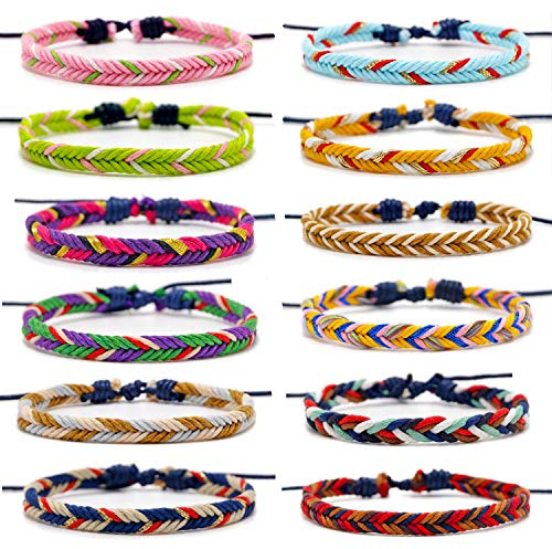 Carykon 12 st vänskapsarmband handvävd bomull och linne armband justerbar storlek 6-28 cm unisex, Medium, Bomull
