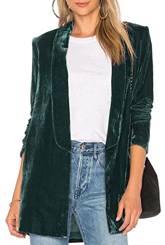 Samt-Blazer für Damen, lange Ärmel, offene Vorderseite, Blazer, Freizeit, Arbeit, Büro, Schalkragen, Jacke, Herbst, Winter, Outwear, dunkelgrün, X-Large