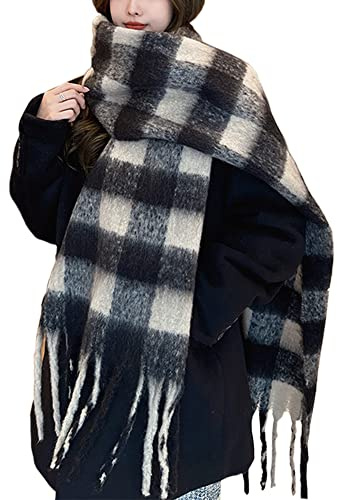 OUNIYA Large Plaid Scarf Thick Colorful Plaid Scarves Oversized Soft Large Cashmere Wool Thick Winter Warm Blanket for Women, Black plaid., L