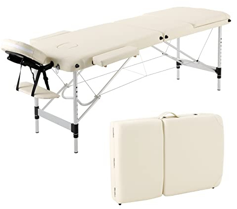 Panana Portable Folding Massage Table Beauty Salon Tattoo Therapy Couch Bed 3 Section Aluminum Frame (Beige)