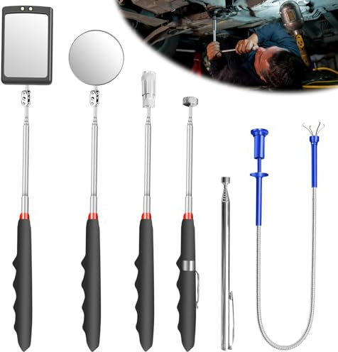 6 Stück Versenkbar Inspektionsspiegel Kit, Teleskopspiegel Pick up tool Set Teleskop Magnet Werkzeug mit LED Lampe, Quadratisch Runder Inspektionsspiegel Teleskopgriff 360 Drehbar Krallengreifer