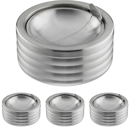 Relaxdays Windaschenbecher, 4er Set, Klappdeckel, draußen & drinnen, Edelstahl, runder Ascher, HxD: 7 x 11,5 cm, Silber
