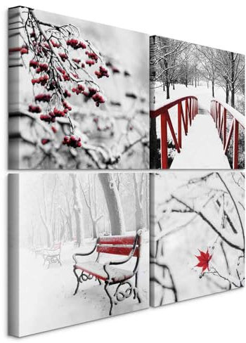 B&D XXL - Ensemble de 4 tableaux d'art décoratif 40x40 cm - Tableau acoustique panneau insonorisant impression sur toile décoration - Photos d'hiver parc pont neige c-B-0522-b-i