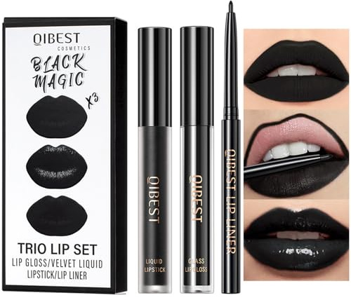 Negro Líquido Pintalabios, Delineadores de Labios, 3Pieza Líquido Pintalabios, Juego de Lápiz Labial Líquido sin Brillo, Lápiz Labial Líquido Negro Mate, Juego de Lápiz Labial de Regalo de Maquillaje