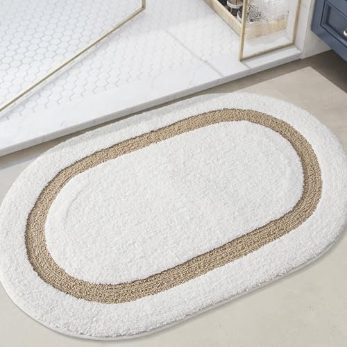 DEXI Badezimmerteppich 61 x 92 cm, rutschfest Badematte, weicher Maschinenwaschbar Badvorleger, Ovales Saugfähige Badematten & Badteppiche für Dusche, Badewannen, Toilette Deko, Beige
