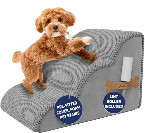 PAWZY Dog Stairs for Medium-Height Beds & Couches, 3-Step Foam Pet Steps 15.5” High for Small Dogs & Cats up to 60 lbs, Wide Non-Slip, Waterproof Washable Zipper Cover, No Assembly, Grey