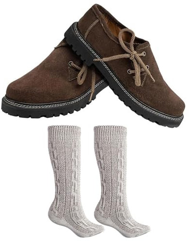 German Wear Haferlschuhe, Trachtensocken & 2X Schnürsenkel Set - Trachtenschuhe aus Wildleder Original Handmachart 100% Leder Atmungsaktiv Kalbsleder-Futter Lederschuhe mit Socken Dunkelbraun - 42 EU