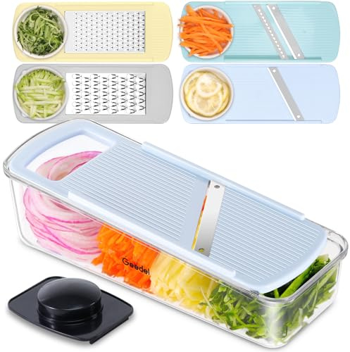 Geedel Mandolina affettaverdure, grattugia per verdure con 4 lame di ricambio, affettatrice manuale per verdure, cetrioli, carote, patate, frutta, taglio rapido, facile da pulire
