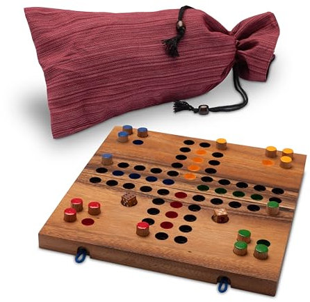 LOGOPLAY Ludo tamaño L para 2 a 4 Jugadores con Bolsa de Tela - Campo de Juego 26 x 25 cm - Juego de Dados de Madera con Bolsa de Tela