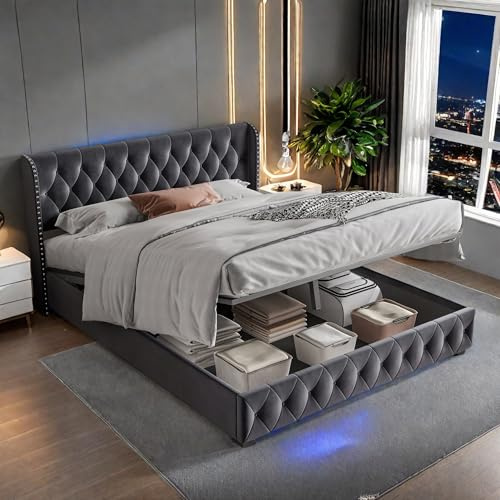 LLODERY Polsterbett Doppelbett 180x200 cm mit Lattenrost und Stauraum, hydraulisches Stauraumbett mit Bettkasten. Bett für Erwachsene oder Jugendliche, dunkelgrauer Samt, ohne Matratze