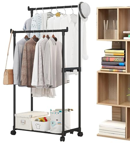 Porta abiti con per scarpe - Stendino per abiti in metallo con ruote, portaoggetti regolabile con asta singola e doppia | Organizer per vestiti con rotelle, porta abiti portatile per scarpe e cappelli