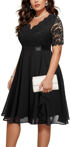 Talisea Plus Size Black Wedding Guest Lace Chiffon Tea Length Dress