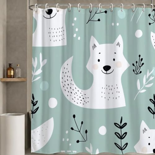 Duschdraperi 120 x 180 cm söt, duschdraperier tvättbar textil polyestertyg med 12 öljetter och duschdraperiringar för badkar gardin, vattentätt duschdraperi med vikt nedtill (djur) W-P397