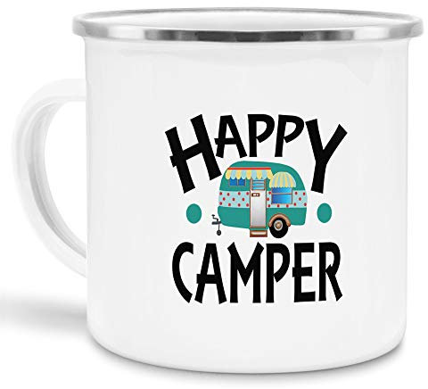 Tassendruck Emaille Tasse Camping lustig - Geschenk zum Camping/Tasse für coole Camper/Geschenk-Idee Campingfreunde - Happy Camper - klein silber Rand