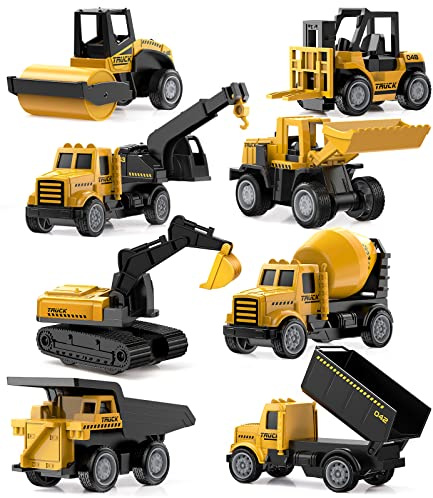Geyiie 8 Pack Alloy Diecast Construction Vehicle Toy Set, Pull Back Trucks with Excavator Dump Truck Bulldozer Forklift, Durable Gift Toys for Toddlers Kids Boys & Girls