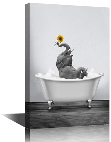 Canvas Wall Art Print Bathroom Wall Art Decor Happy Elephant with Sunflower in Bathtub Black White Illustration Artwork Canvas Prints Stretched and Framed Ready to Hang Home Decor 24x36inch