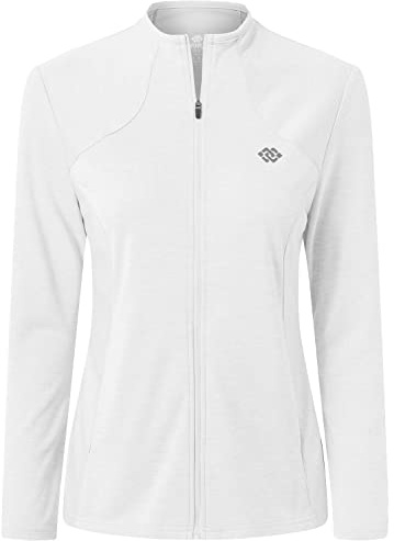 MoFiz Chaqueta Deportiva Mujer Sudadera Ligera de Manga Larga Transpirable con Cremallera Completa Cuello Redondo sin Capucha Camiseta de Corriendo Senderismo Blanco L