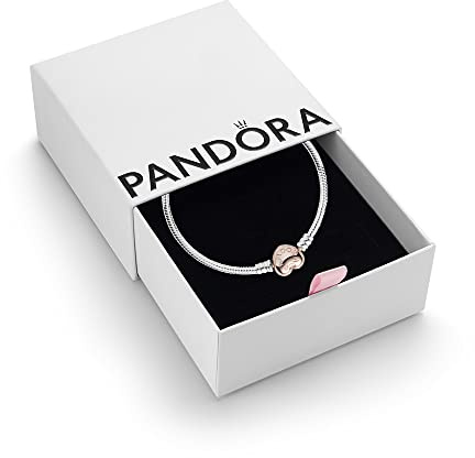 PANDORA Moments Women's 14k Rose Gold-Plated and Sterling Silver Heart Clasp Snake Chain Bracelet for Charms, Size 18, With Gift Box