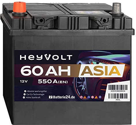 HeyVolt Asia Autobatterie 12V 60Ah 550A/EN Starterbatterie, absolut wartungsfrei, Pluspol Links