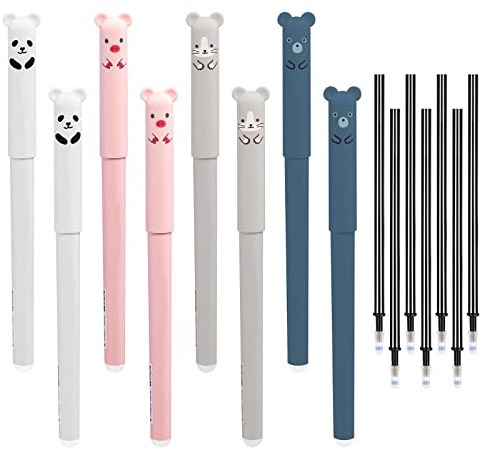 Ailvor Radierbarer Kugelschreiber, 8 Stück Tintenroller Radierbar mit 20 Nachfüllungen, Cartoon Löschbarer Stift, 0.35mm Erasable Pen Set für Studenten Geschenk, Schul Bürobedarf(Schwarz)