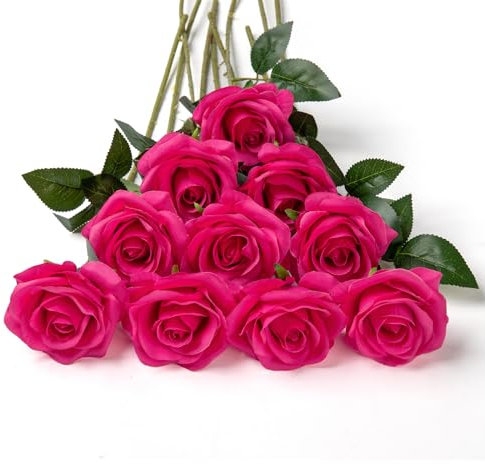 DuHouse 10er Set Künstliche Rosen aus Seidenstoff – 54 cm Lange Stiele, Realistische Fake Blumen für Hochzeit, Brautstrauß, Party Tischdekoration & Haus Dekor (Fuchsia)