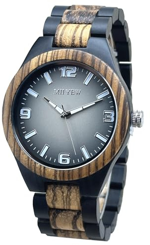 MII YEW Natural Mens Wood Watches Round Analog Quartz Casual Wooden Watch Gradient Gray Dial