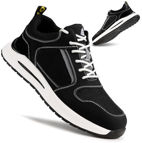 LAoutun Safety Trainers Mens Steel Toe Cap Trainers Lightweight Air Cushioned CE Certified Work Shoes Comfortable Safety Steel Toe Shoes Protective Non-Slip Work Boots in Black