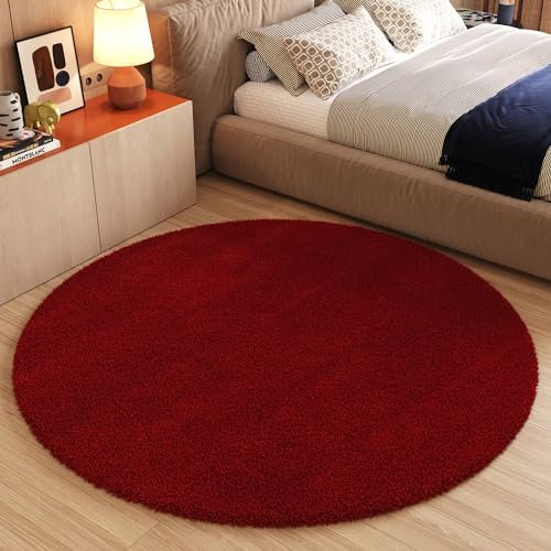 TAPISO Essence Teppich Rund Rot Dunkelrot Hochflor Langflor Shaggy Einfarbig Weich Flauschig Schlafzimmer Wohnzimmer Kinderzimmer ÖKO-TEX 80 x 80 cm
