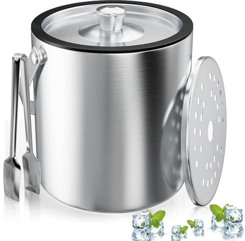 Eiswürfelbehälter, Eisbehälter rund mit Sieb und Eiszange, 2L Eiswürfelbehälte, Edelstahl Eisbehälter,Eiswürfel-Kühler für Bar, Party, zur Aufbewahrung von Eis und zum Kühlen von Getränken