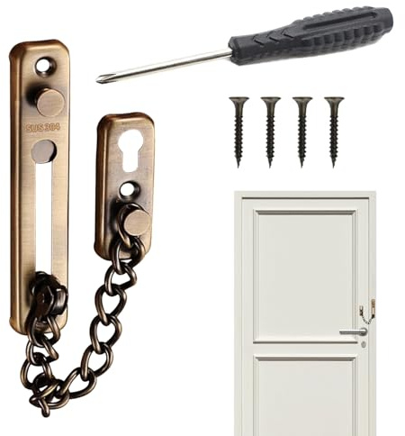 Chaîne de porte sans perçage en acier inoxydable - Chaîne de porte Abus - Chaîne de porte - Chaîne de porte d'entrée - (1 chaîne antivol, 4 vis et 1 tournevis) - 6 pièces au total - Pour maison, hôtel