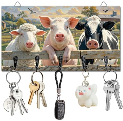 DELORIGIN Farm Animals Key Holder Key Hooks Wall Mounted Wooden Key Racks with 5 Hooks Key Storage Organizer House Key Hanger for Wall Decor Front Door Entryway Hallway Kitchen New Home Gift