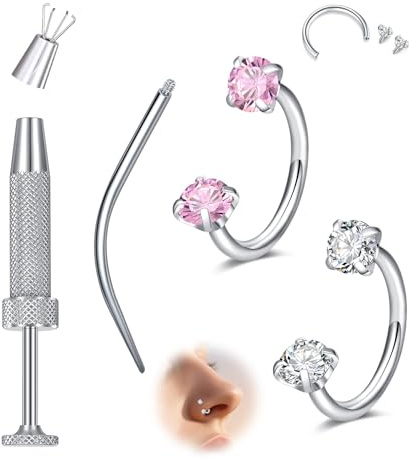 MODRSA 2PCS Piercing de Nariz Herradura 18G Acero Quirúrgico Plata con Corazón Rosa de Zirconio para Septum y Helix 8mm