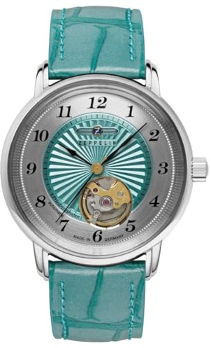 Zeppelin 8569-4 Montre automatique pour femme en acier inoxydable argenté turquoise cuir fabriqué en Allemagne