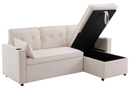 Sofá Cama Extensible de 3 plazas con Espacio de Almacenamiento y portavasos, 211 cm, Chaise Lounge, sofá esquinero en Forma de L, con 2 Almohadas, Tejido de Lino, Color Beige