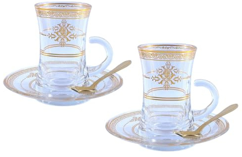 Vasos y platillos de té turco, tazas de café expreso con patrón dorado en relieve, juego de tazas de té para beber de cristalería, taza de vidrio de 120 ml con asa, 2 piezas doradas D