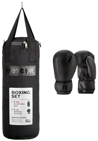 Meteor Boxningssäck Barn och Ungdom med Boxningshandskar 6 oz – Boxningsset 6 kg eller 12 kg – Slitstark Träningssäck i Tarpaulin för Hemmaträning, Klubb och Nybörjare
