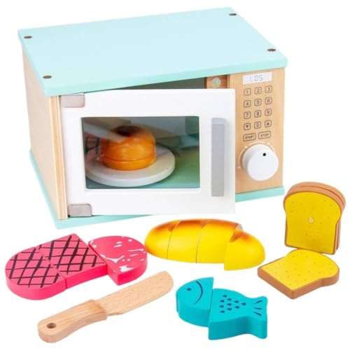 MotiveTech Jouet Éducatif Appareil Électroménager en Bois Jouet Éducative pour Tout-Petits , Four À Micro-Ondes en Bois avec Accessoires De Cuisine