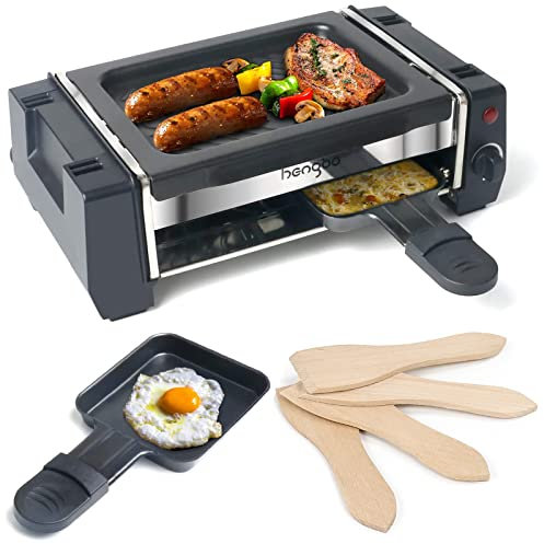 Mini Raclette Grill para 2 Personas, Parrilla Barbacoa Electrica de Interior sin Humo con 2 Mini-sartenes, Temperatura Controlable, Revestimiento Antiadherente, 500W, Acero Inoxidable, Negro