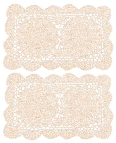 AUEAR, 2 Pcs Crochet Cotton Lace Placemats Doilies Rectangle Doily Beige Handmade for Dressers and End Tables, 17 * 9.5 inch