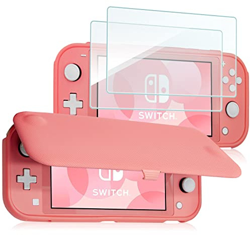 ProCase Coque à Rabat + 2 Film d'Écran pour Nintendo Switch Lite en 2019, Étui Antichoc de Protection Flip Cover, Battant Détachable, Verre Trempé Installer Facile, Minimaliste et Assez Sobre-Corail