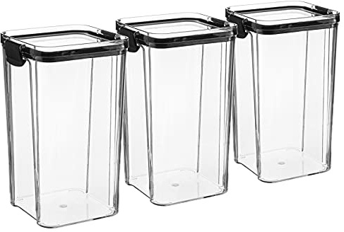 Argon Tableware Food Storage Containers - 1.3L - Black - Pack of 3 - Clear Airtight Reusable Stackable Freezer Storage Meal Prep Container Lunch Tupperware Box with Clip-Lock Lid